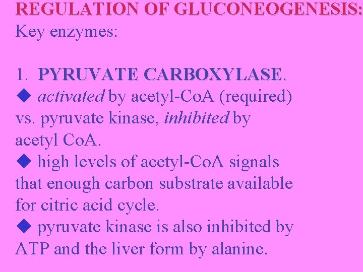 REGULATION OF GLUCONEOGENESIS: Key enzymes: 1. PYRUVATE CARBOXYLASE. activated by acetyl-Co. A (required) vs.