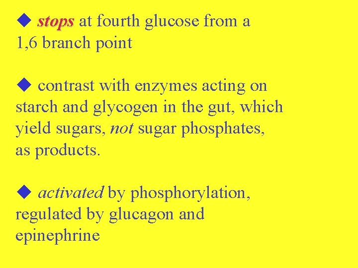  stops at fourth glucose from a 1, 6 branch point contrast with enzymes
