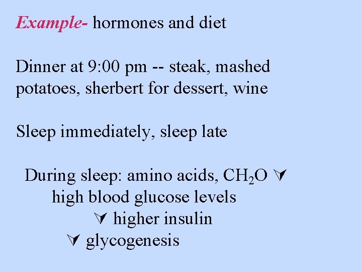 Example- hormones and diet Dinner at 9: 00 pm -- steak, mashed potatoes, sherbert