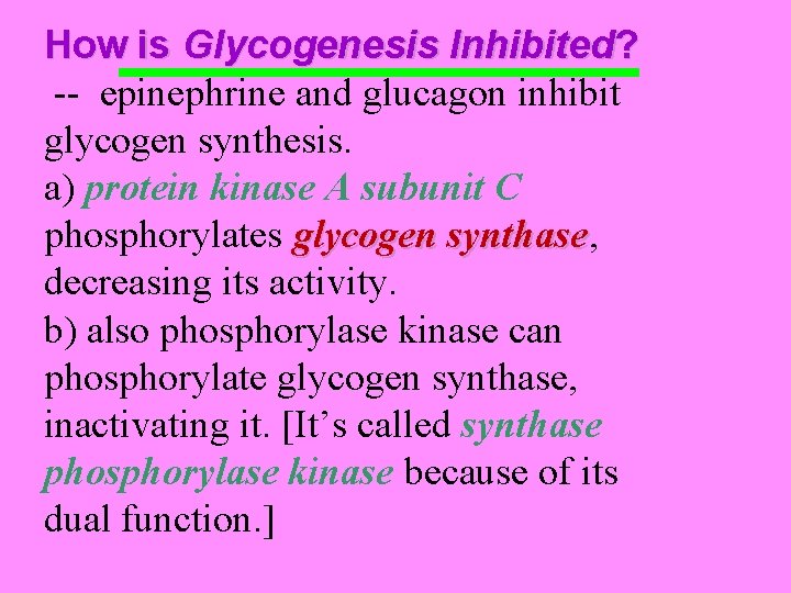 How is Glycogenesis Inhibited? -- epinephrine and glucagon inhibit glycogen synthesis. a) protein kinase