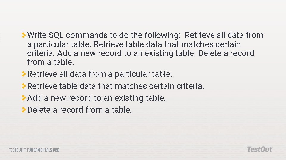Write SQL commands to do the following: Retrieve all data from a particular table. Write SQL commands to do the following: Retrieve all data from a particular table.