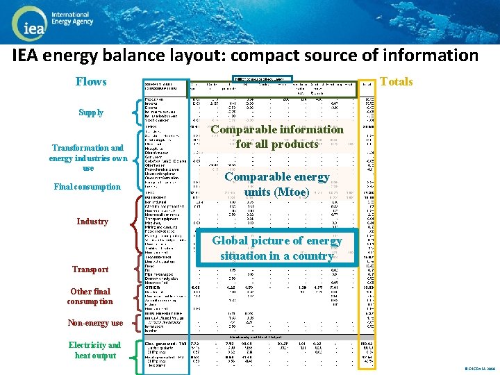 IEA energy balance layout: compact source of information Flows Totals Supply Transformation and energy