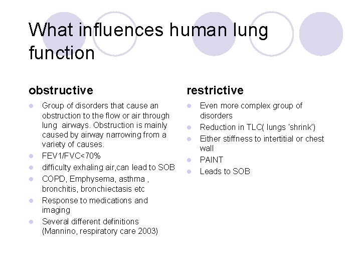 What influences human lung function obstructive l l l Group of disorders that cause