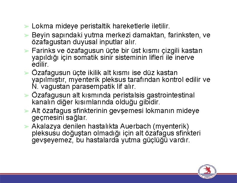 ➢ ➢ ➢ ➢ Lokma mideye peristaltik hareketlerle iletilir. Beyin sapındaki yutma merkezi damaktan,