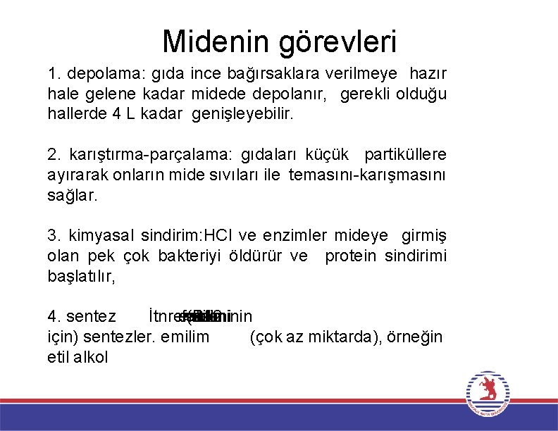 Midenin görevleri 1. depolama: gıda ince bağırsaklara verilmeye hazır hale gelene kadar midede depolanır,