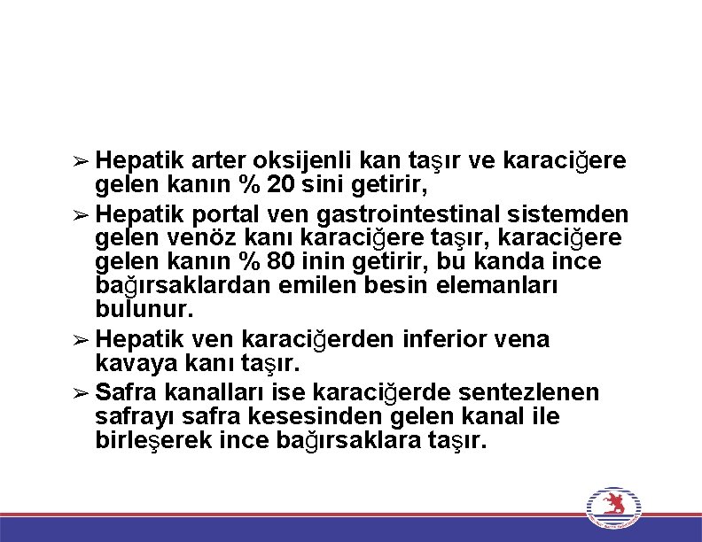 ➢ Hepatik arter oksijenli kan taşır ve karaciğere gelen kanın % 20 sini getirir,