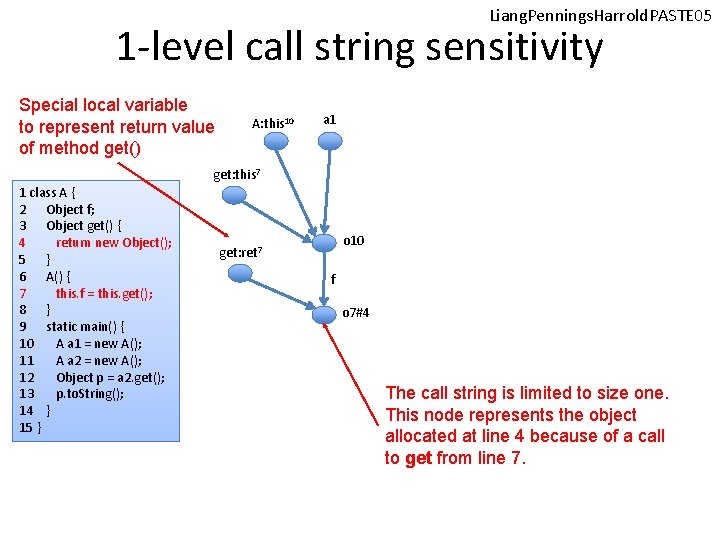 Liang. Pennings. Harrold. PASTE 05 1 -level call string sensitivity Special local variable to