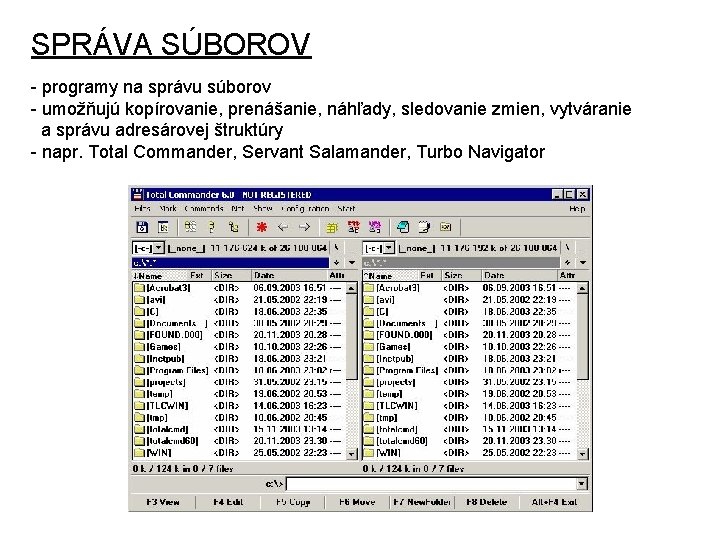 SPRÁVA SÚBOROV - programy na správu súborov - umožňujú kopírovanie, prenášanie, náhľady, sledovanie zmien,