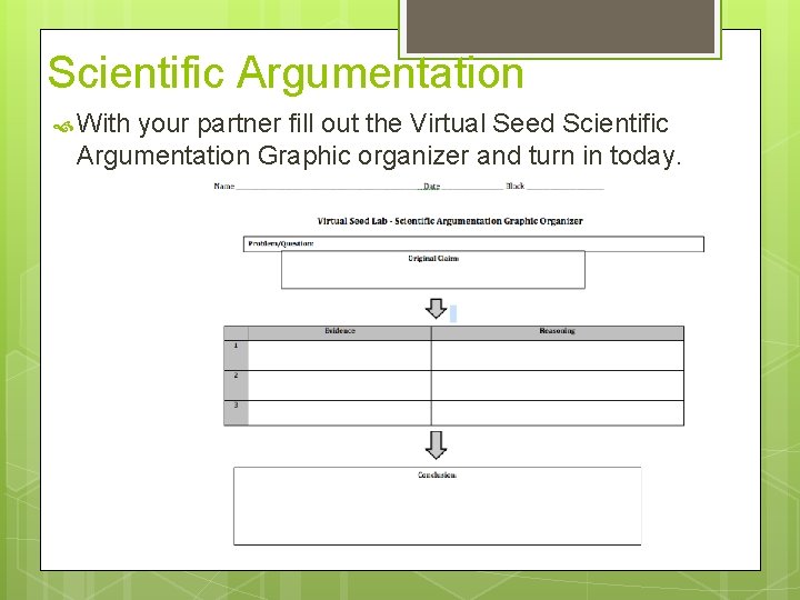 Scientific Argumentation With your partner fill out the Virtual Seed Scientific Argumentation Graphic organizer