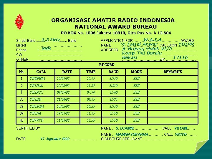 ORGANISASI AMATIR RADIO INDONESIA NATIONAL AWARD BUREAU PO BOX No. 1096 Jakarta 10910, Giro