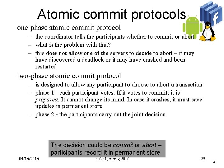 Atomic commit protocols one-phase atomic commit protocol – the coordinator tells the participants whether