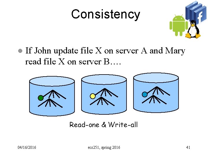 Consistency l If John update file X on server A and Mary read file