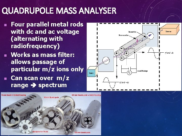 QUADRUPOLE MASS ANALYSER n n n Four parallel metal rods with dc and ac