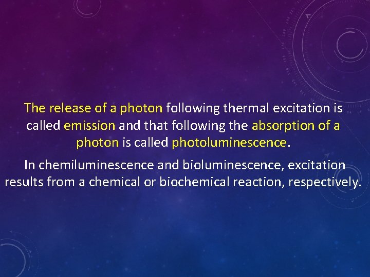 The release of a photon following thermal excitation is called emission and that following