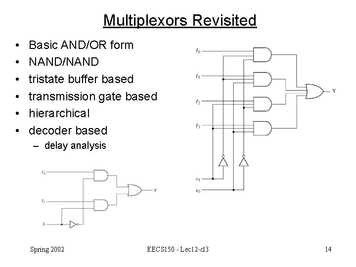 Multiplexors Revisited • • • Basic AND/OR form NAND/NAND tristate buffer based transmission gate
