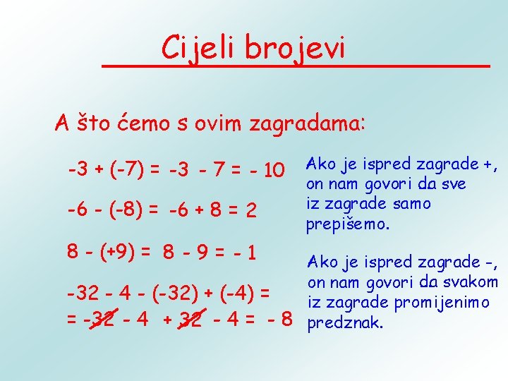 Cijeli brojevi A što ćemo s ovim zagradama: -3 + (-7) = -3 -