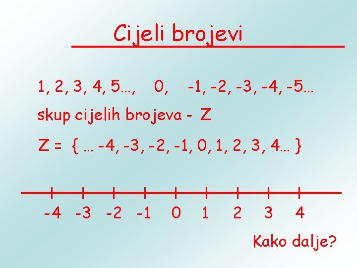 Cijeli brojevi 1, 2, 3, 4, 5…, 0, -1, -2, -3, -4, -5… skup