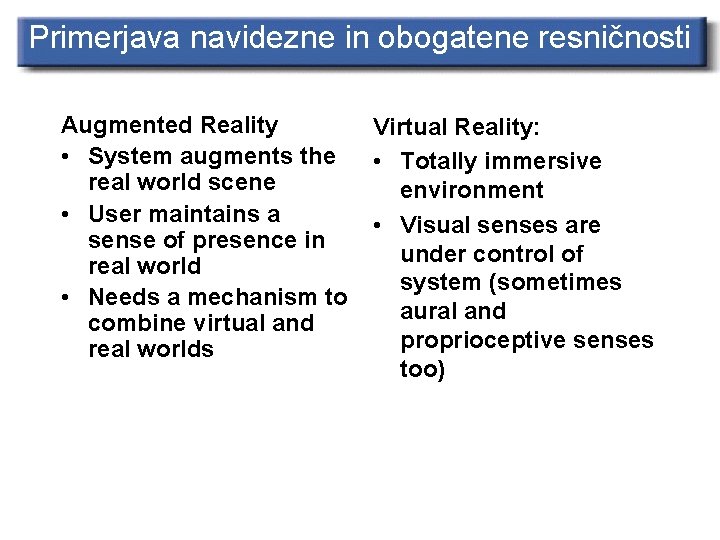 Primerjava navidezne in obogatene resničnosti Augmented Reality • System augments the real world scene