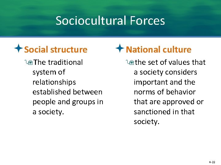 Sociocultural Forces ªSocial structure 9 The traditional system of relationships established between people and