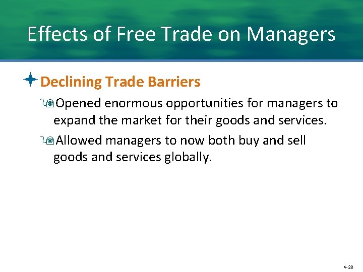Effects of Free Trade on Managers ªDeclining Trade Barriers 9 Opened enormous opportunities for