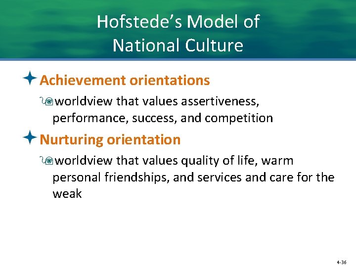 Hofstede’s Model of National Culture ªAchievement orientations 9 worldview that values assertiveness, performance, success,