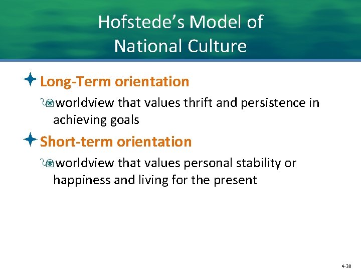 Hofstede’s Model of National Culture ªLong-Term orientation 9 worldview that values thrift and persistence