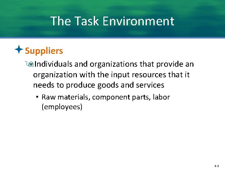 The Task Environment ªSuppliers 9 Individuals and organizations that provide an organization with the