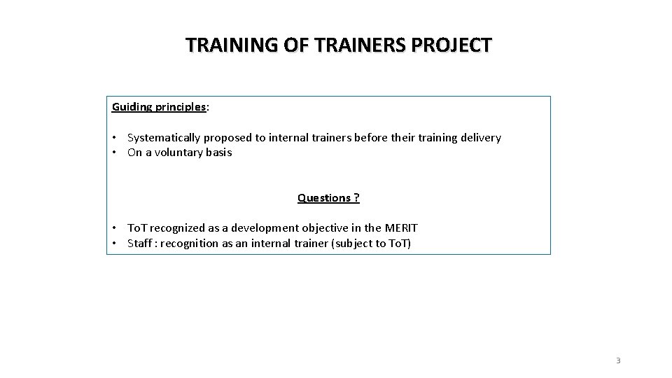 TRAINING OF TRAINERS PROJECT Guiding principles: • Systematically proposed to internal trainers before their