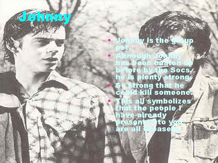 Johnny • Johnny is the group pet. • Although Johnny has been beaten up