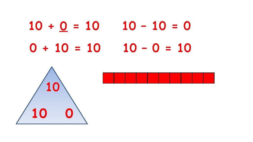 10 + 0 _ = 10 10 – 10 = 0 0 + 10