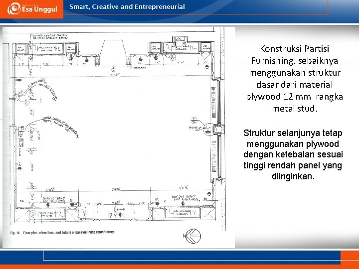 Konstruksi Partisi Furnishing, sebaiknya menggunakan struktur dasar dari material plywood 12 mm rangka metal