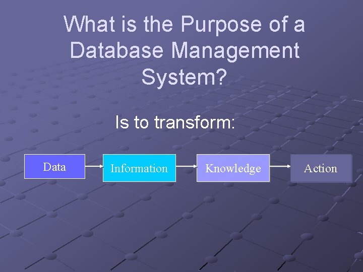 What is the Purpose of a Database Management System? Is to transform: Data Information What is the Purpose of a Database Management System? Is to transform: Data Information