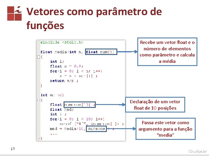 Vetores como parâmetro de funções Recebe um vetor float e o número de elementos