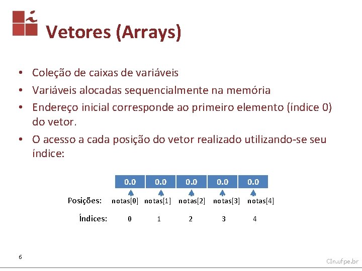 Vetores (Arrays) • Coleção de caixas de variáveis • Variáveis alocadas sequencialmente na memória