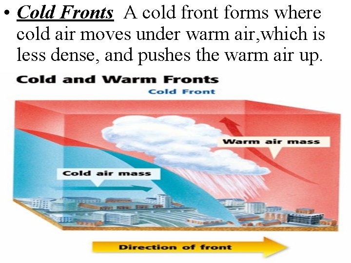  • Cold Fronts A cold front forms where cold air moves under warm