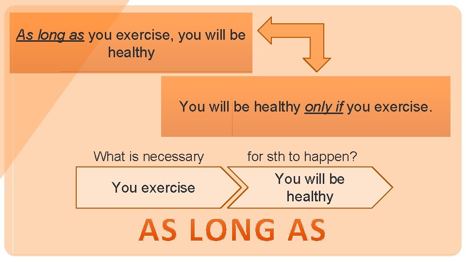 As long as you exercise, you will be healthy You will be healthy only