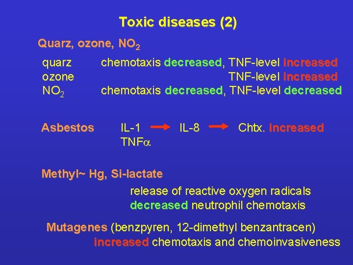 Toxic diseases (2) Quarz, ozone, NO 2 quarz ozone NO 2 Asbestos chemotaxis decreased,