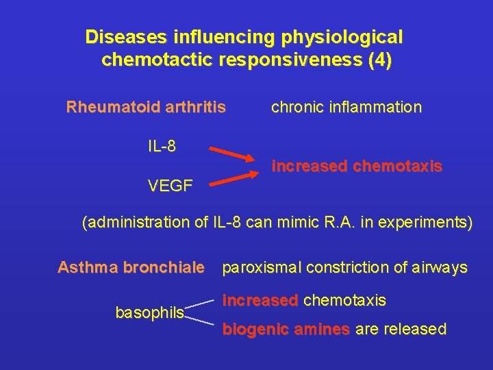 Diseases influencing physiological chemotactic responsiveness (4) Rheumatoid arthritis chronic inflammation IL-8 increased chemotaxis VEGF