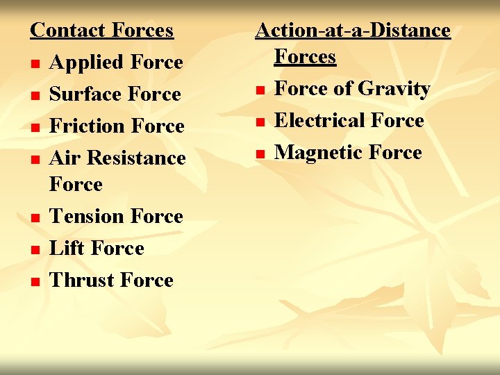 Contact Forces n Applied Force n Surface Force n Friction Force n Air Resistance