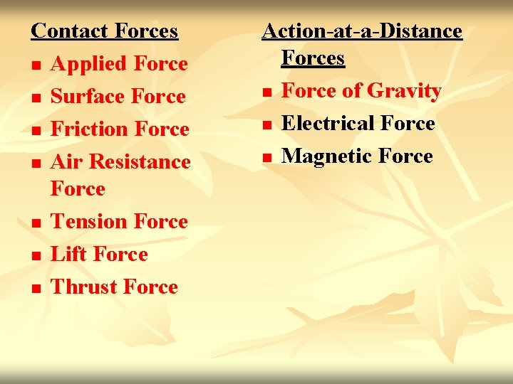 Contact Forces n Applied Force n Surface Force n Friction Force n Air Resistance