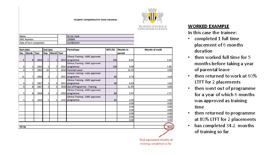 WORKED EXAMPLE In this case the trainee: • completed 1 full time placement of