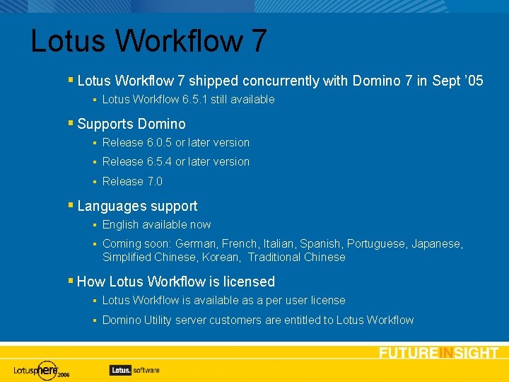 Lotus Workflow 7 shipped concurrently with Domino 7 in Sept ’ 05 Lotus Workflow