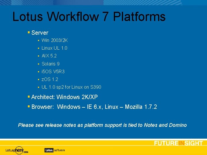 Lotus Workflow 7 Platforms Server Win 2003/2 K Linux UL 1. 0 AIX 5.