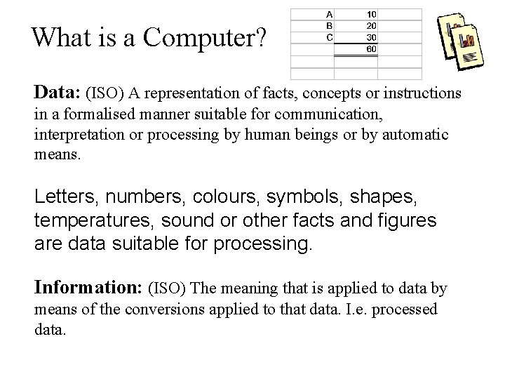 What is a Computer? Data: (ISO) A representation of facts, concepts or instructions in What is a Computer? Data: (ISO) A representation of facts, concepts or instructions in