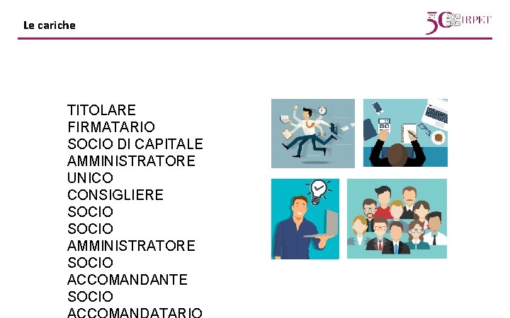 Le cariche TITOLARE FIRMATARIO SOCIO DI CAPITALE AMMINISTRATORE UNICO CONSIGLIERE SOCIO AMMINISTRATORE SOCIO ACCOMANDANTE