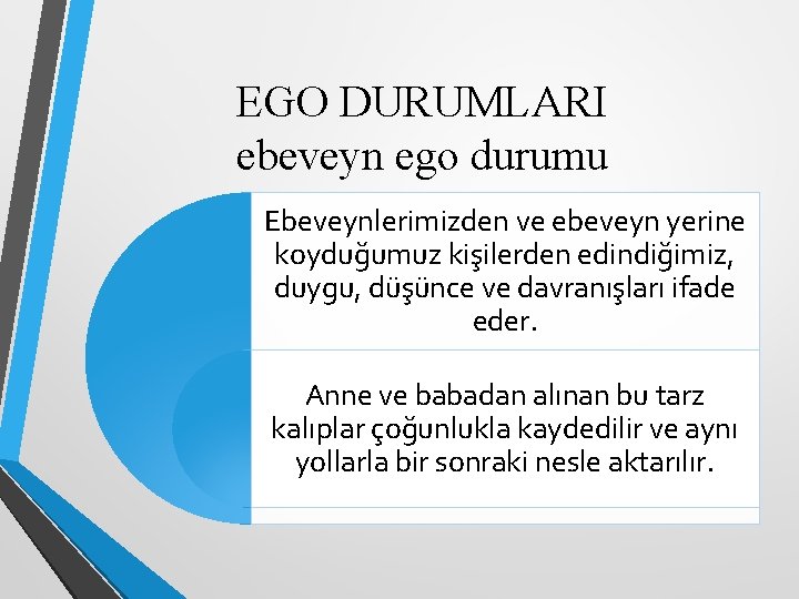 EGO DURUMLARI ebeveyn ego durumu Ebeveynlerimizden ve ebeveyn yerine koyduğumuz kişilerden edindiğimiz, duygu, düşünce