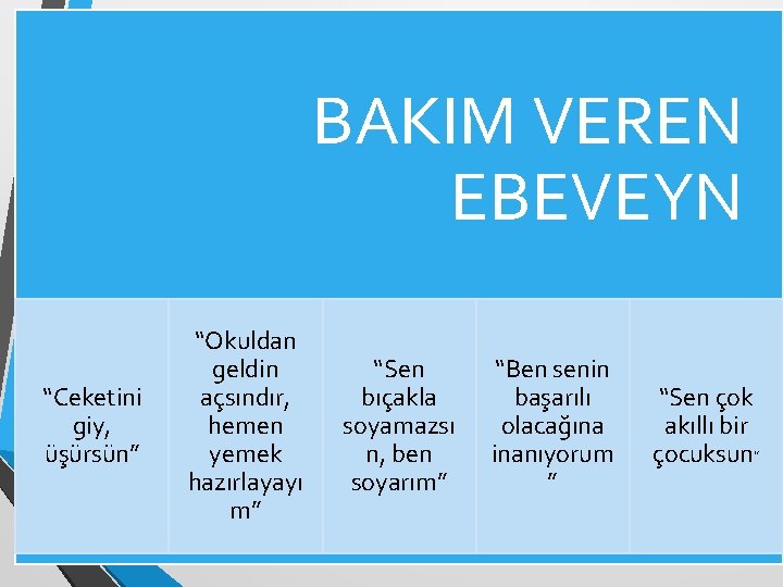 BAKIM VEREN EBEVEYN “Ceketini giy, üşürsün” “Okuldan geldin açsındır, hemen yemek hazırlayayı m” “Sen