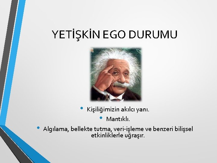 YETİŞKİN EGO DURUMU • • Kişiliğimizin akılcı yanı. • Mantıklı. Algılama, bellekte tutma, veri
