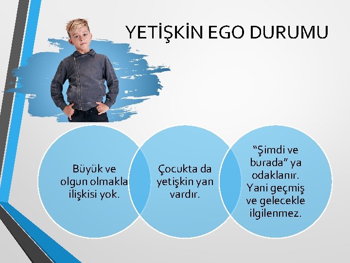 YETİŞKİN EGO DURUMU Büyük ve olgun olmakla ilişkisi yok. Çocukta da yetişkin yan vardır.