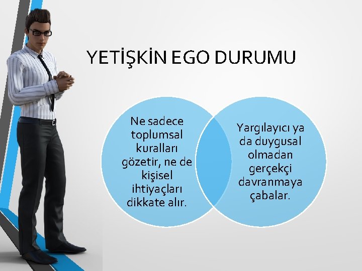 YETİŞKİN EGO DURUMU Ne sadece toplumsal kuralları gözetir, ne de kişisel ihtiyaçları dikkate alır.